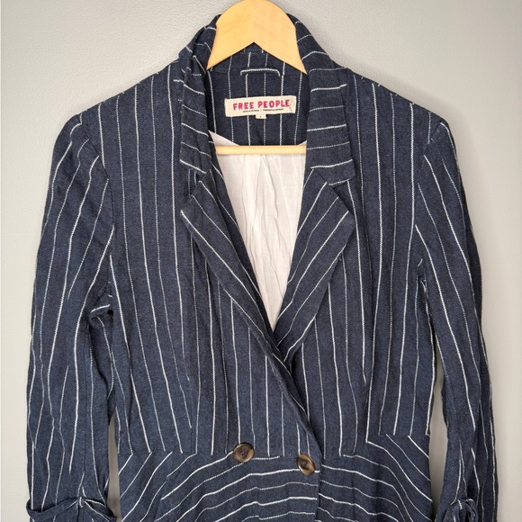 Free People Coat Jacket Stella Blazer Linen Fringed Hem - Navy Stripe - Picture 6 of 11